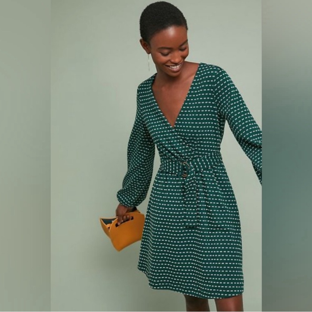Maeve by Anthropologie Green Belted Wrap Dress